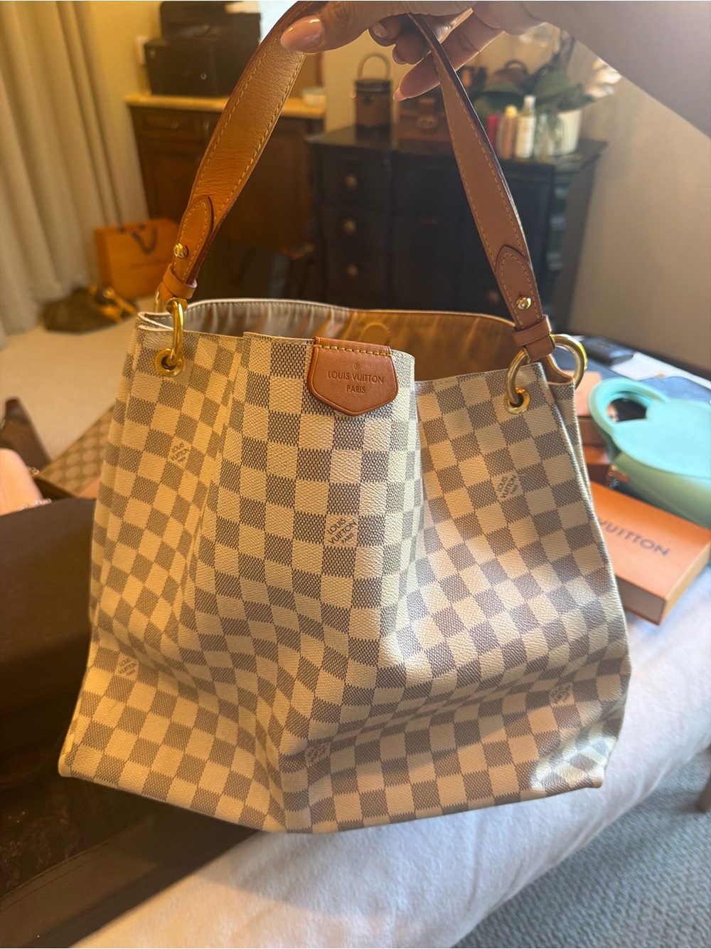 Louis Vuitton Cream Damier Azur Shoulder Bag with Tan Leather Trim